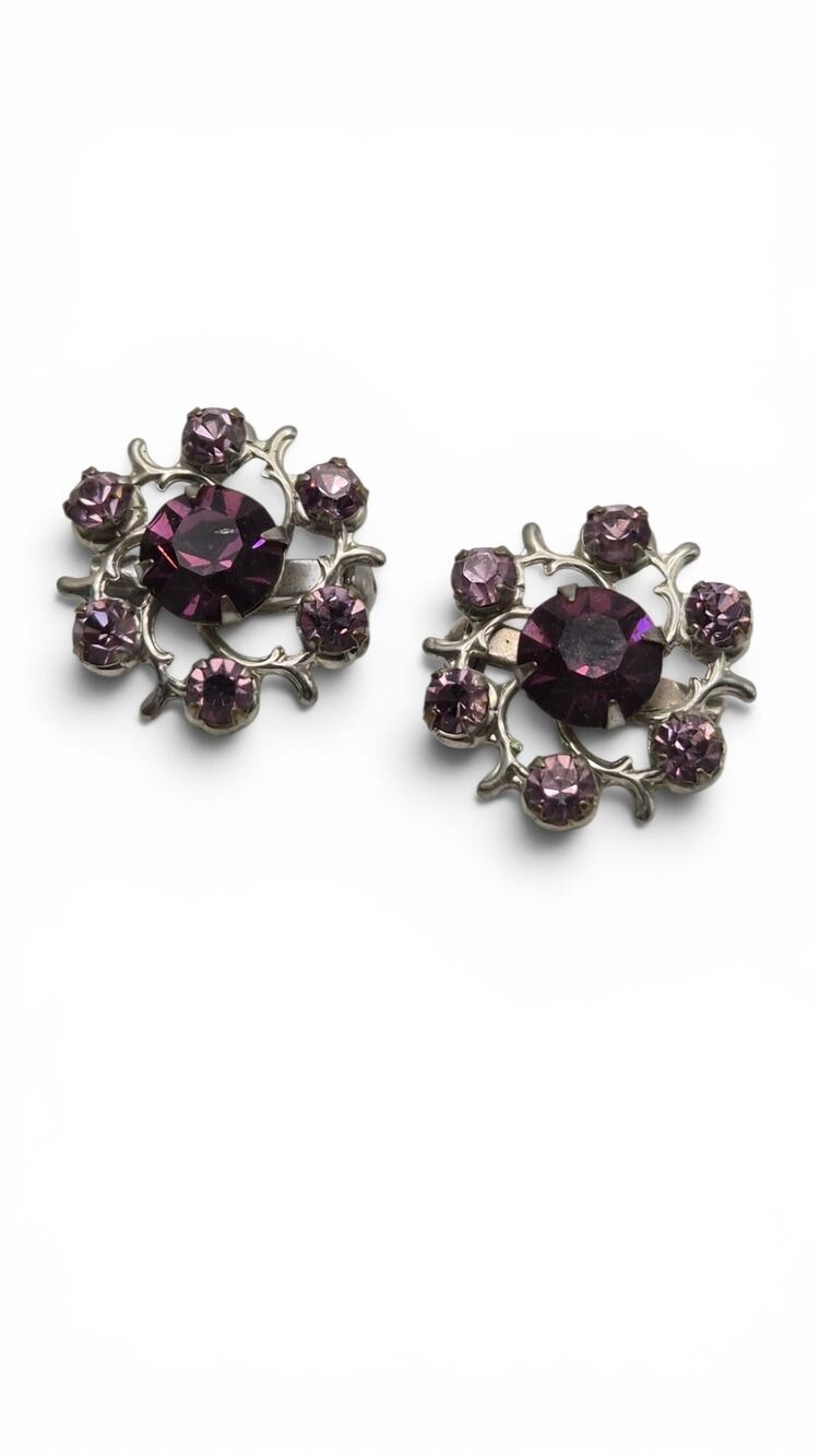Vintage Purple Rhinestone Scatter Pins Friendship Brooch Pair Silver Tone